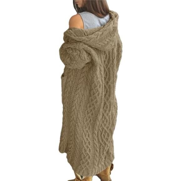 Women's Hooded Coat Cable Knit Long Cardigan Sweaters, Camel